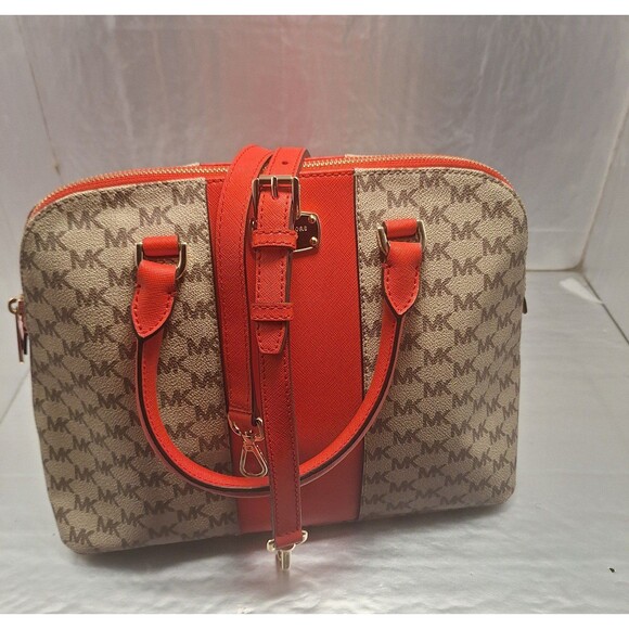 Michael Kors Khaki Monogrammed Coated Canvas/Red Leather Dome Satchel Crossbody - Picture 4 of 12